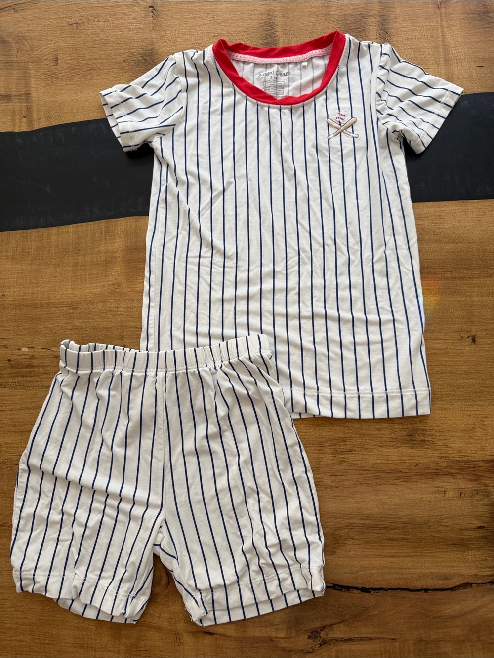 Angel Dear White Pinstripe Baseball Pajama Set with Navy Stripes and Red Trim